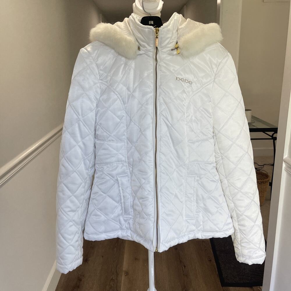 Bebe Y2K White Down Puffer Jacket Real Rabbit Fur Trim Hooded Size SMALL*